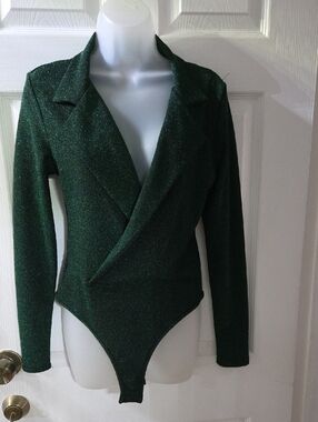 Green Sparkle Wrap-Front Bodysuit Blazer Jacket